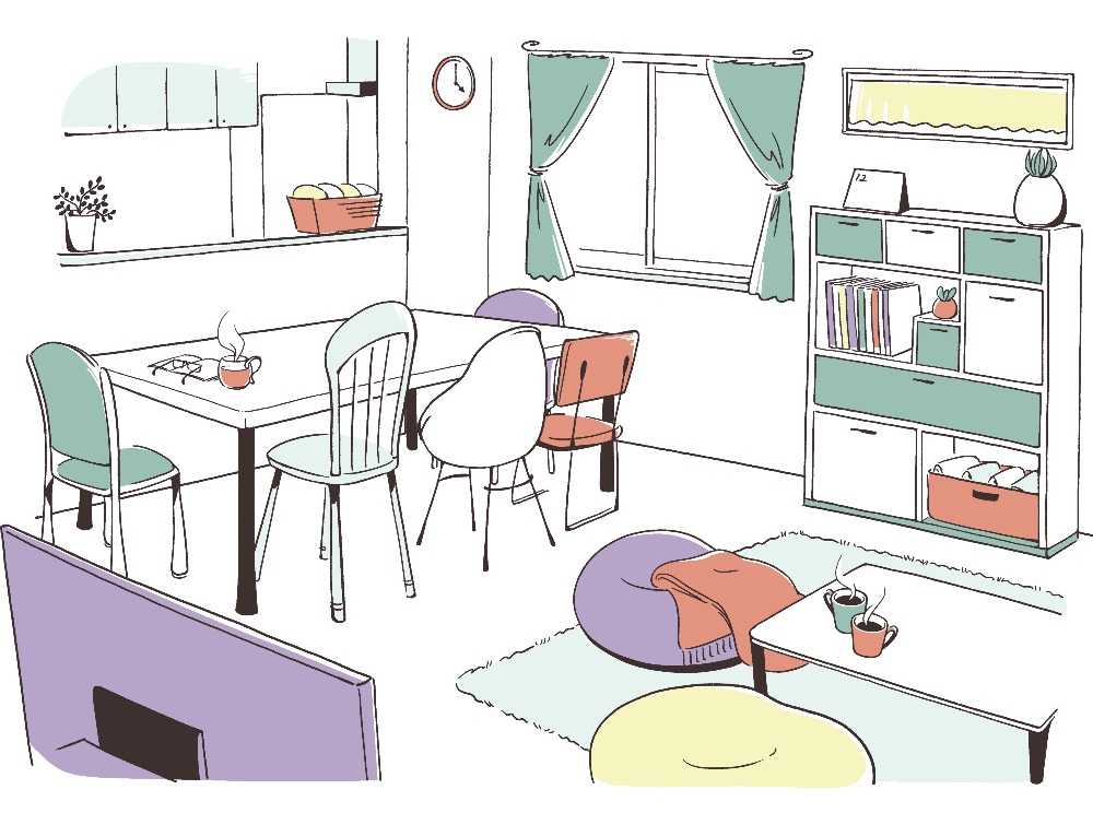 カラフルなリビングダイニングのイラスト
