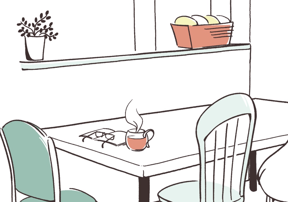 湯気の立つ紅茶とメガネ、ダイニングテーブルセットのイラスト
