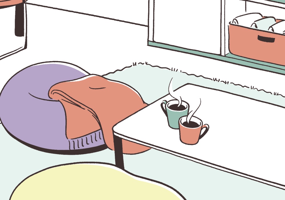 座布団とコーヒー、ローテーブルとカーペットのイラスト