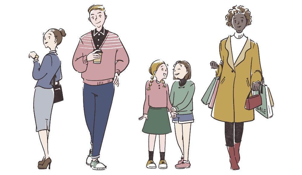 オフィスで働く女性、コーヒーを持つ白人男性、仲良しな幼い女児、買い物を楽しむ黒人女性のイラスト