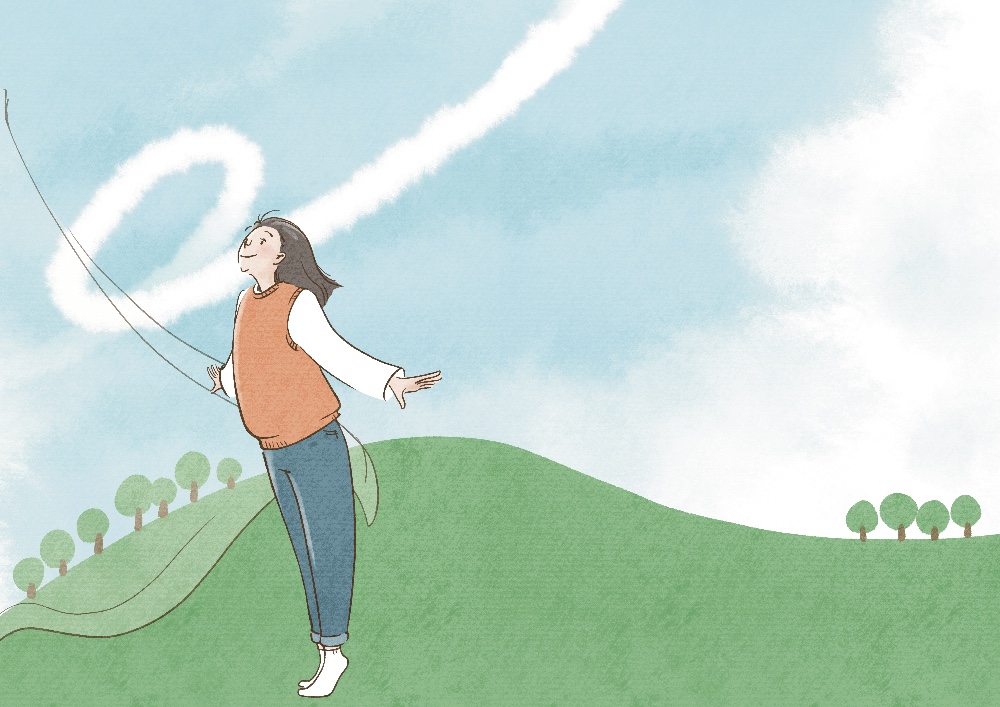 丘を背景に爽やかな風を感じる女性のイラスト