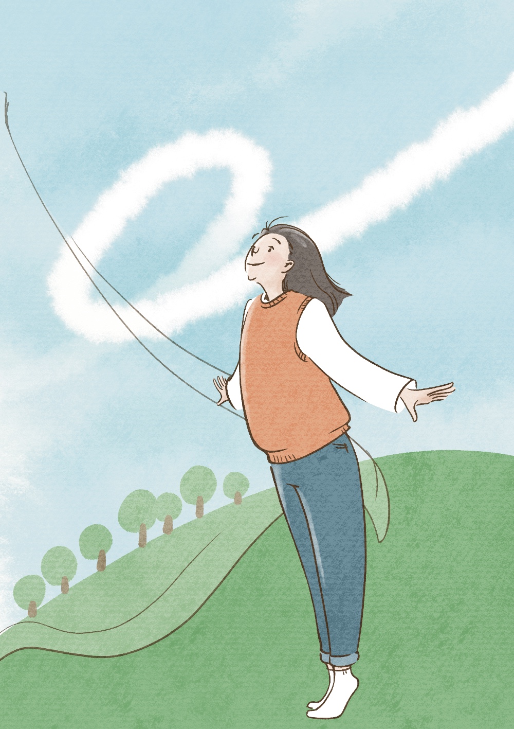 丘を背景に爽やかな風を感じる女性のイラスト、やや女性にフォーカス