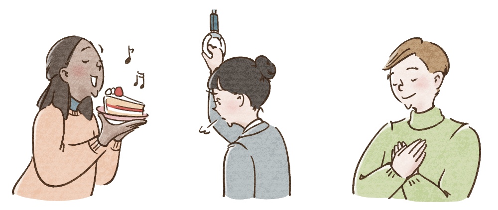 ケーキを持って嬉しそうな女性/仕事に行くのが憂鬱な女性/自分の胸に手を当てる男性のイラスト