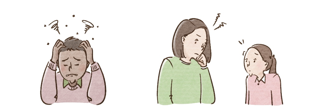黒人男性が頭を抱える / 子供が親の顔色を伺うイラスト