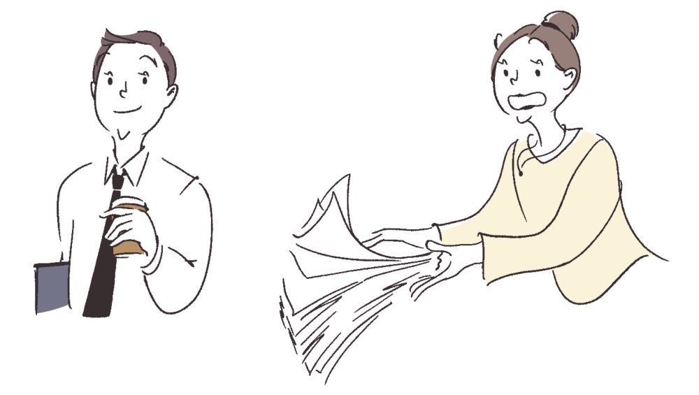 コーヒーを持つビジネスマン、書類を落としそうになる女性のイラスト