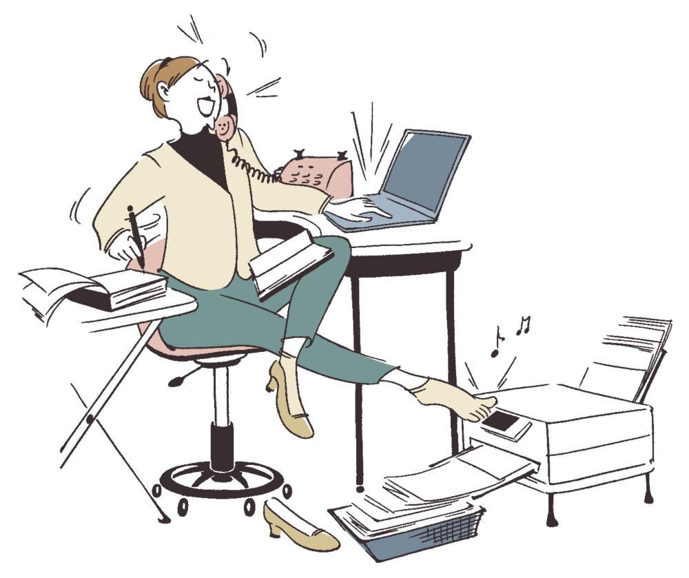 仕事ができる女性が電話対応とパソコン、印刷作業を同時にこなす様子のイラスト