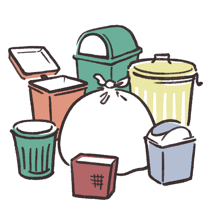 ゴミ箱複数とゴミ袋のイラスト