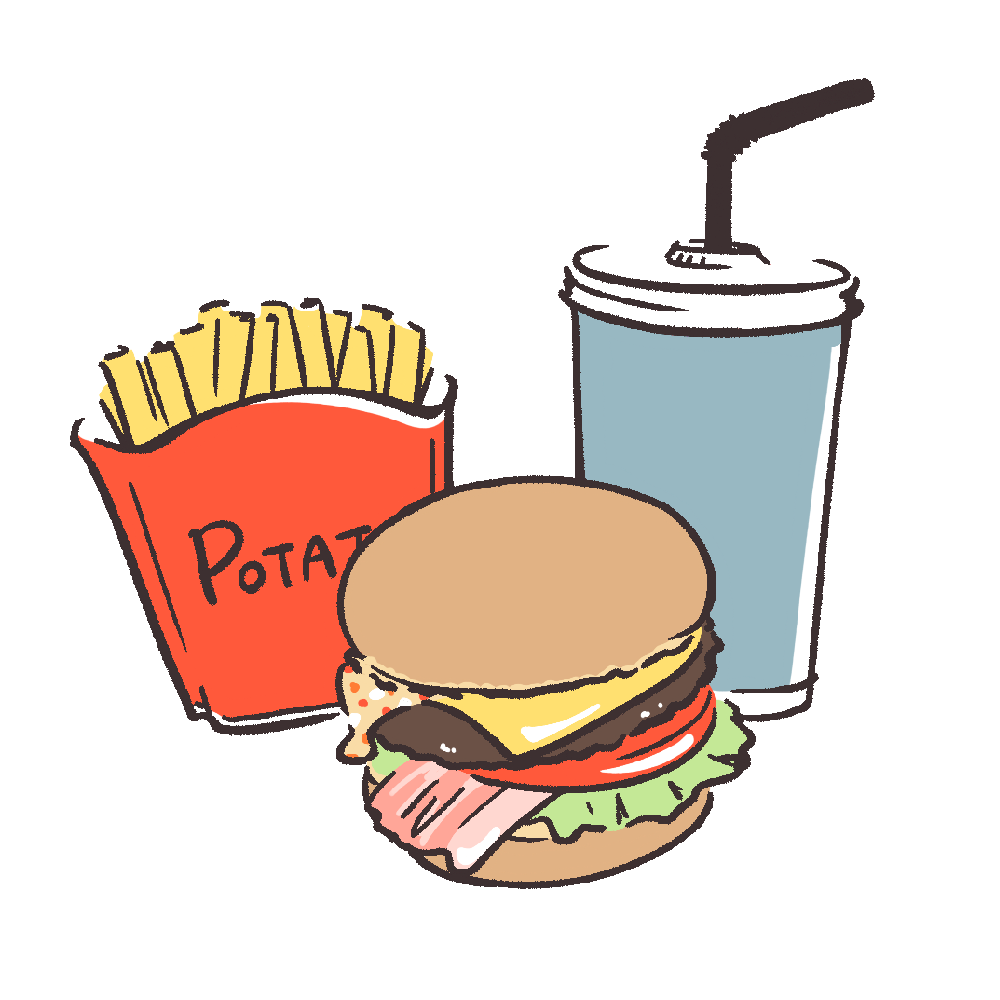 ハンバーガー、ポテトとドリンクセットのイラスト