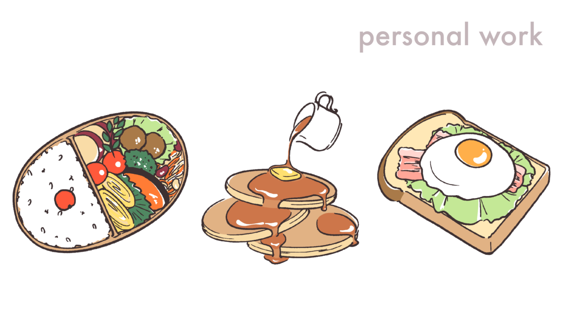 食べものイラストの表紙/お弁当、ホットケーキ、目玉焼きのイラスト