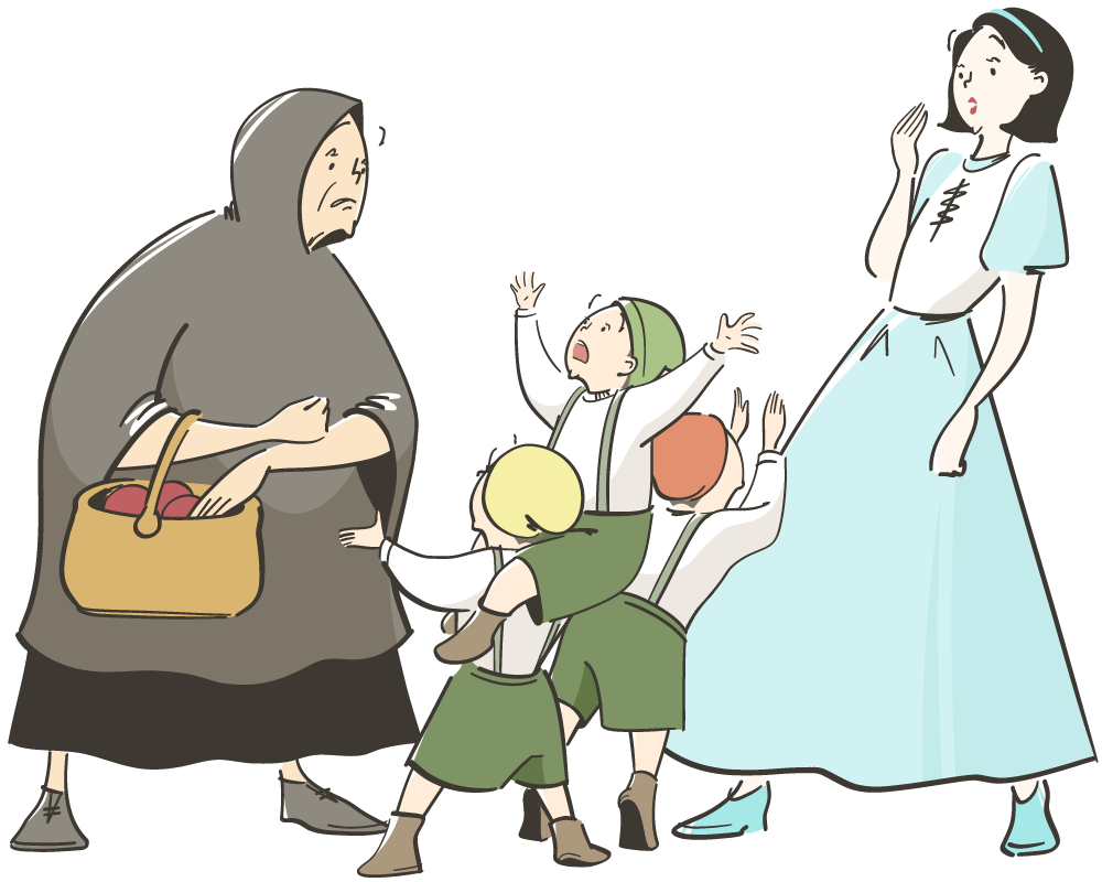 小人が未然に防ぎ毒林檎を食べずに済む白雪姫のイラスト