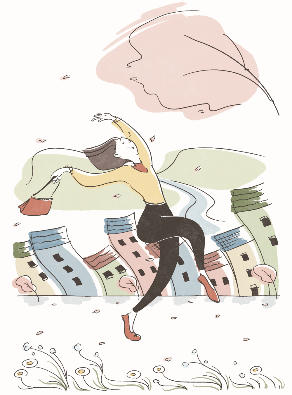 春の風に吹かれながら楽しそうに歩く女性のイラスト