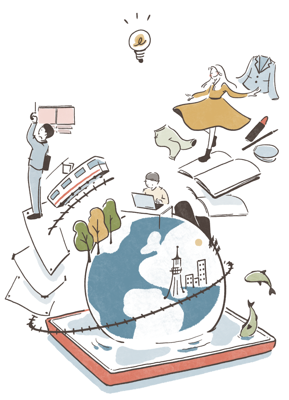 デザインの可能性をタブレットや地球儀、紙を用いて表現したイラスト
