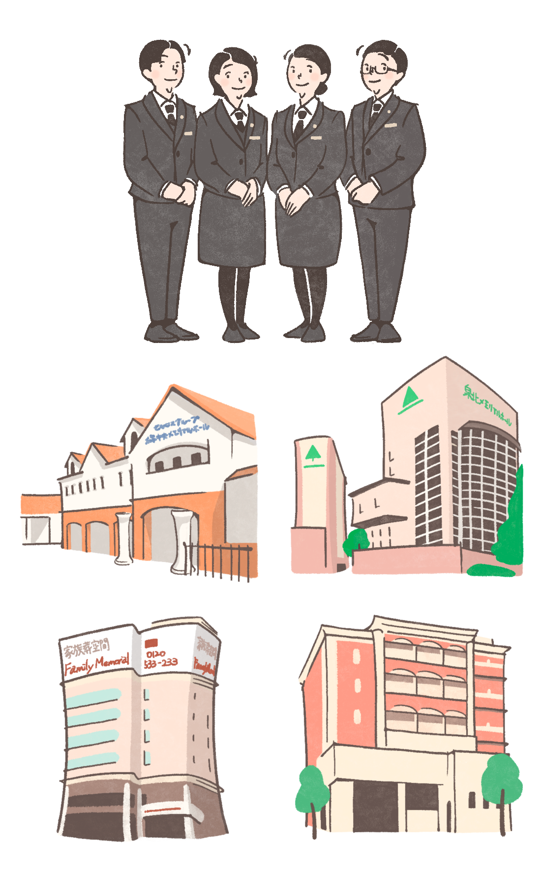 家族葬チラシのカットイラスト、従業員と葬儀施設