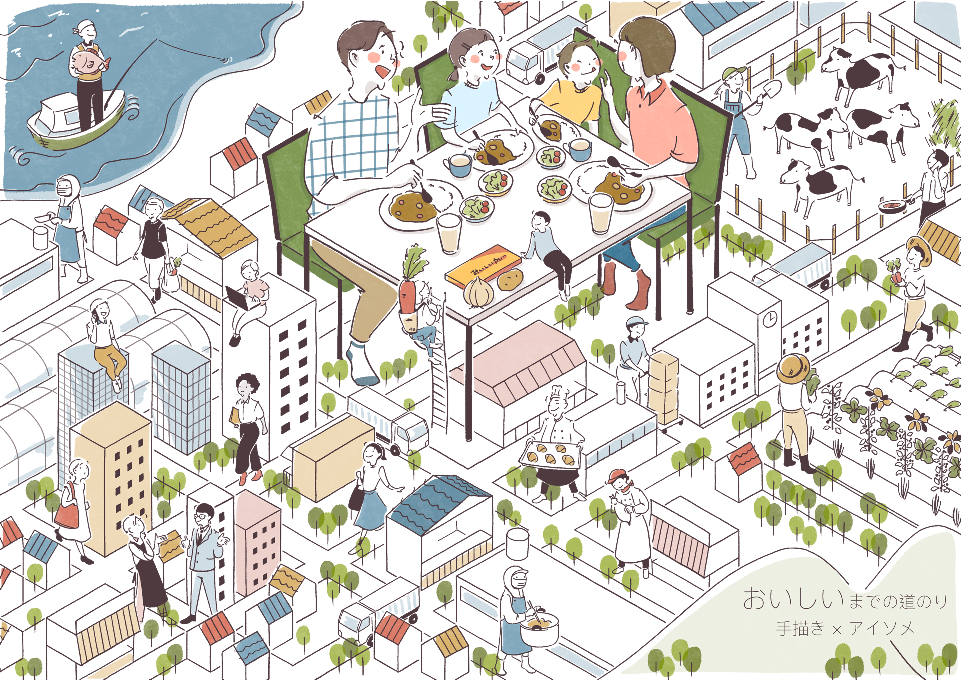 食べ物が食卓に届くまでをマップ仕様でアイソメトリックに表現したイラスト