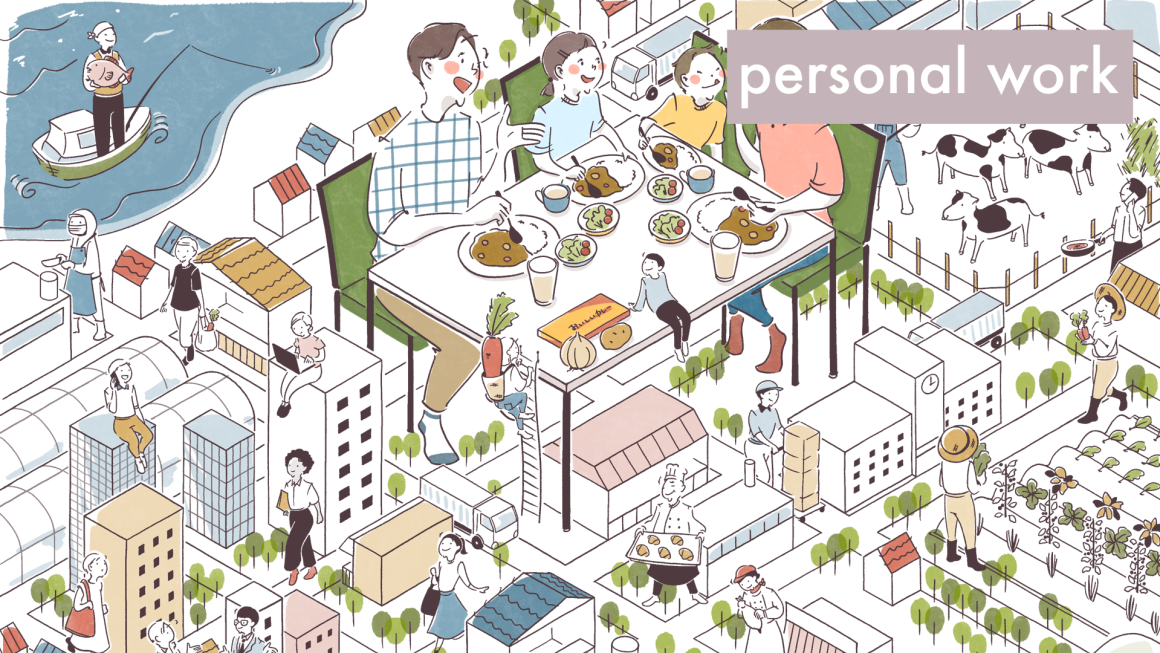 食べ物が食卓に届くまでをマップ仕様でアイソメトリックに表現したイラスト