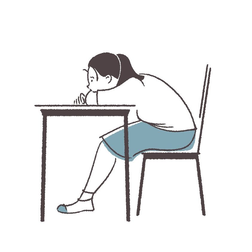 机にもたれる女子生徒のイラスト