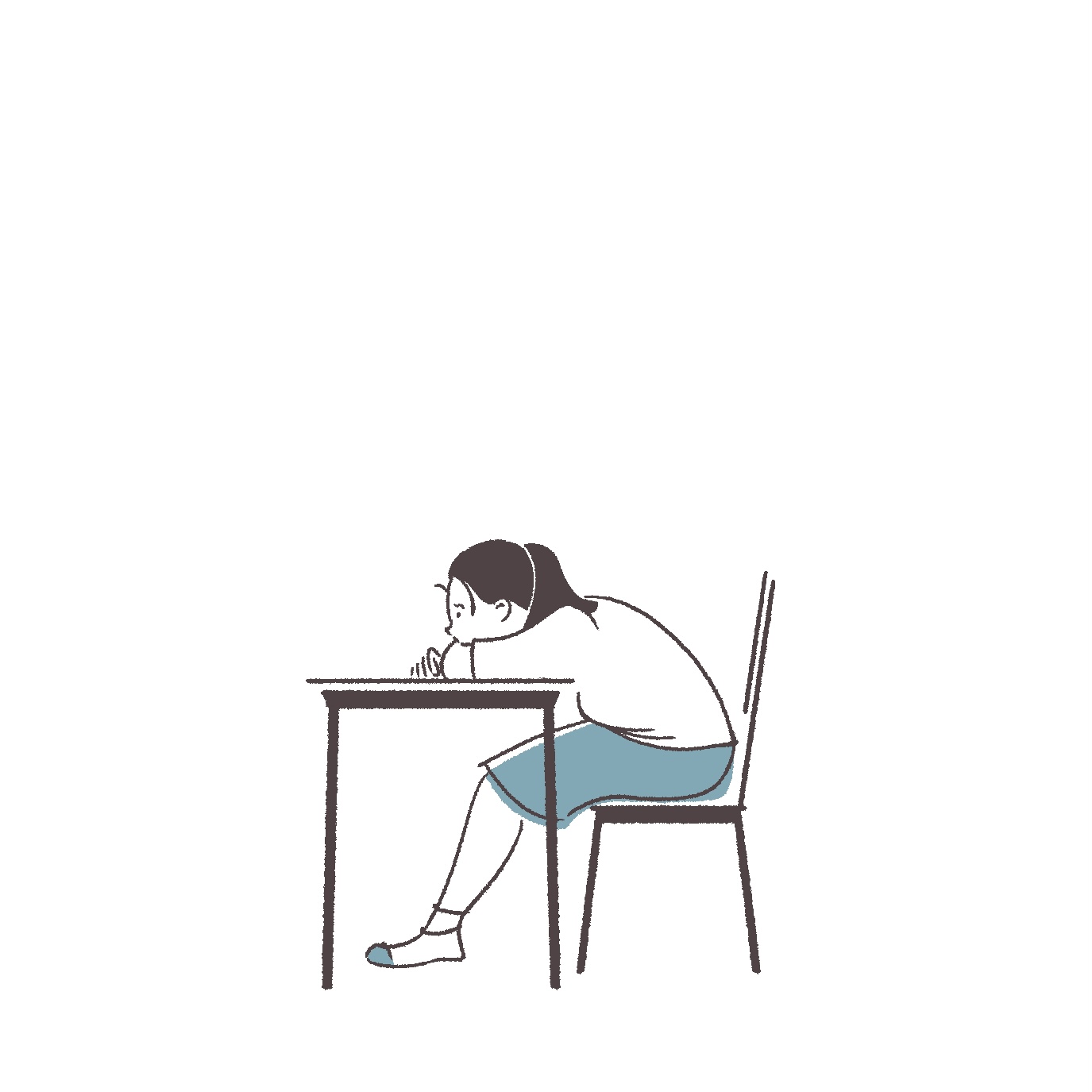 机にもたれる女子生徒のイラスト