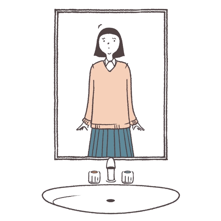 鏡に映った自分を見る女子生徒のイラスト