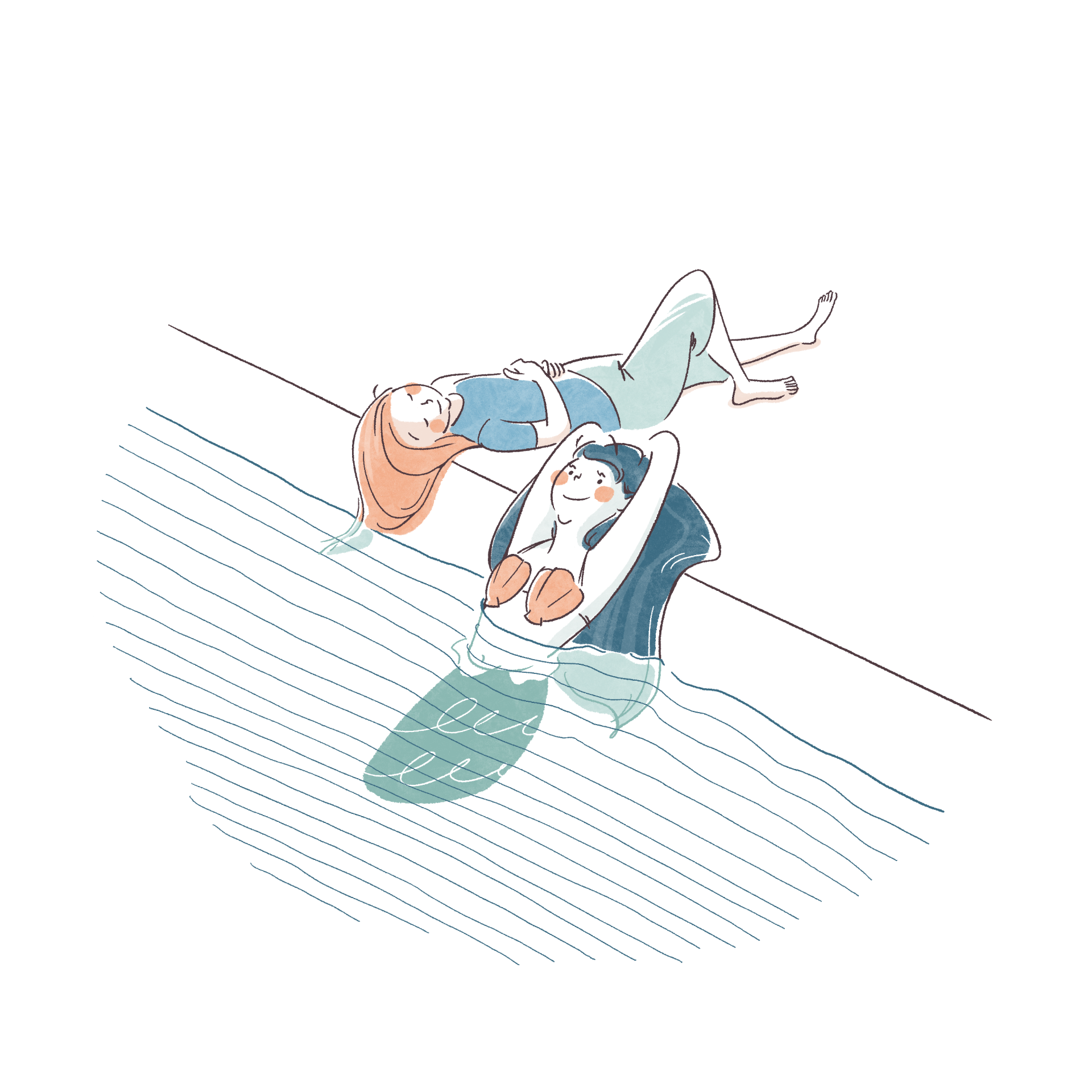 人魚の女の子と人間女の子が穏やかに過ごす様子のイラスト