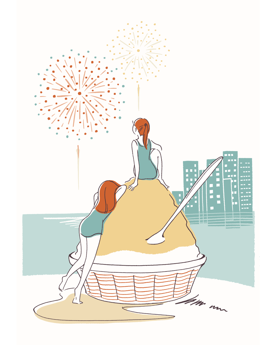 2人の少女が花火を見ながらかき氷ですずむ様子のイラスト