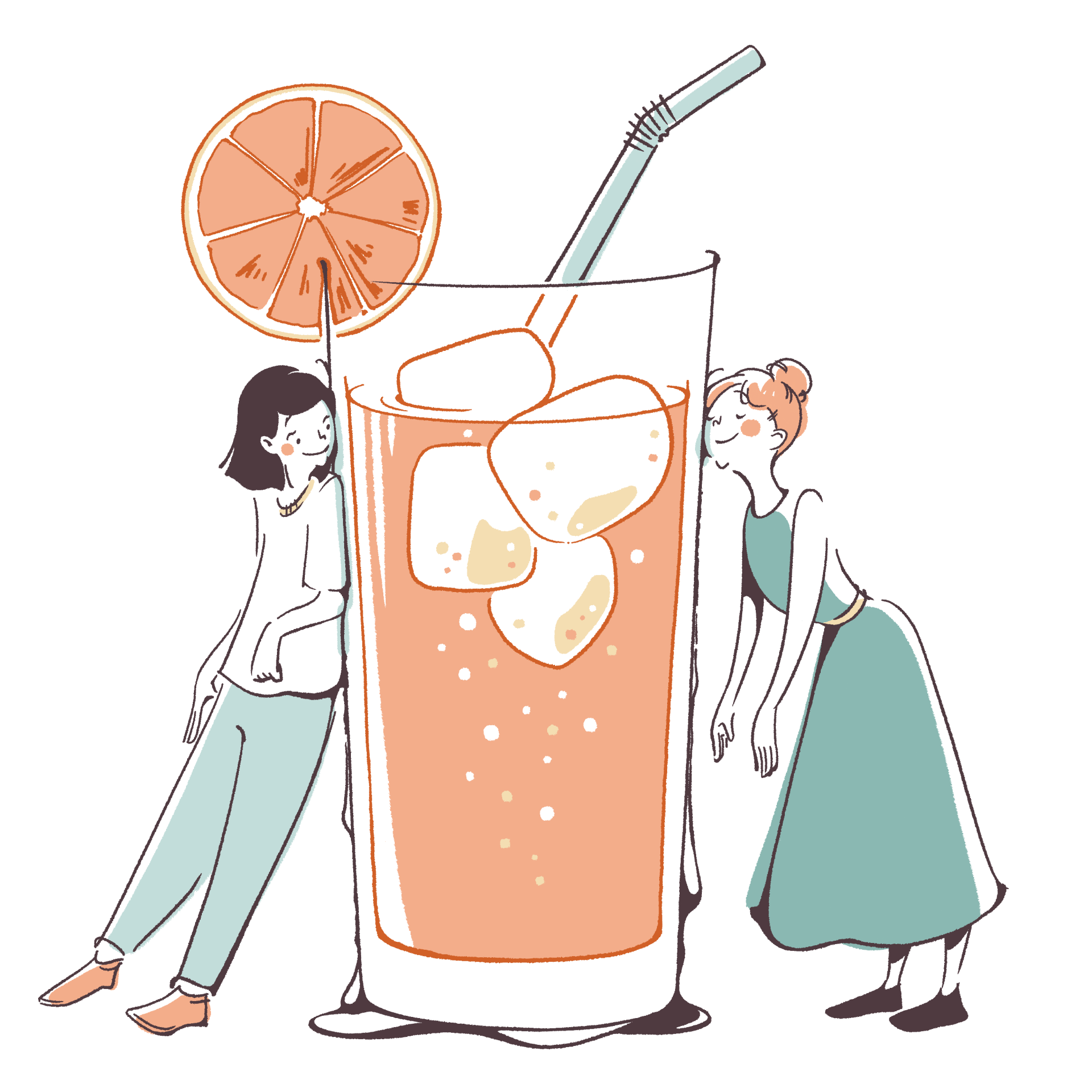 冷たいオレンジジュースで涼む2人の女の子のイラスト
