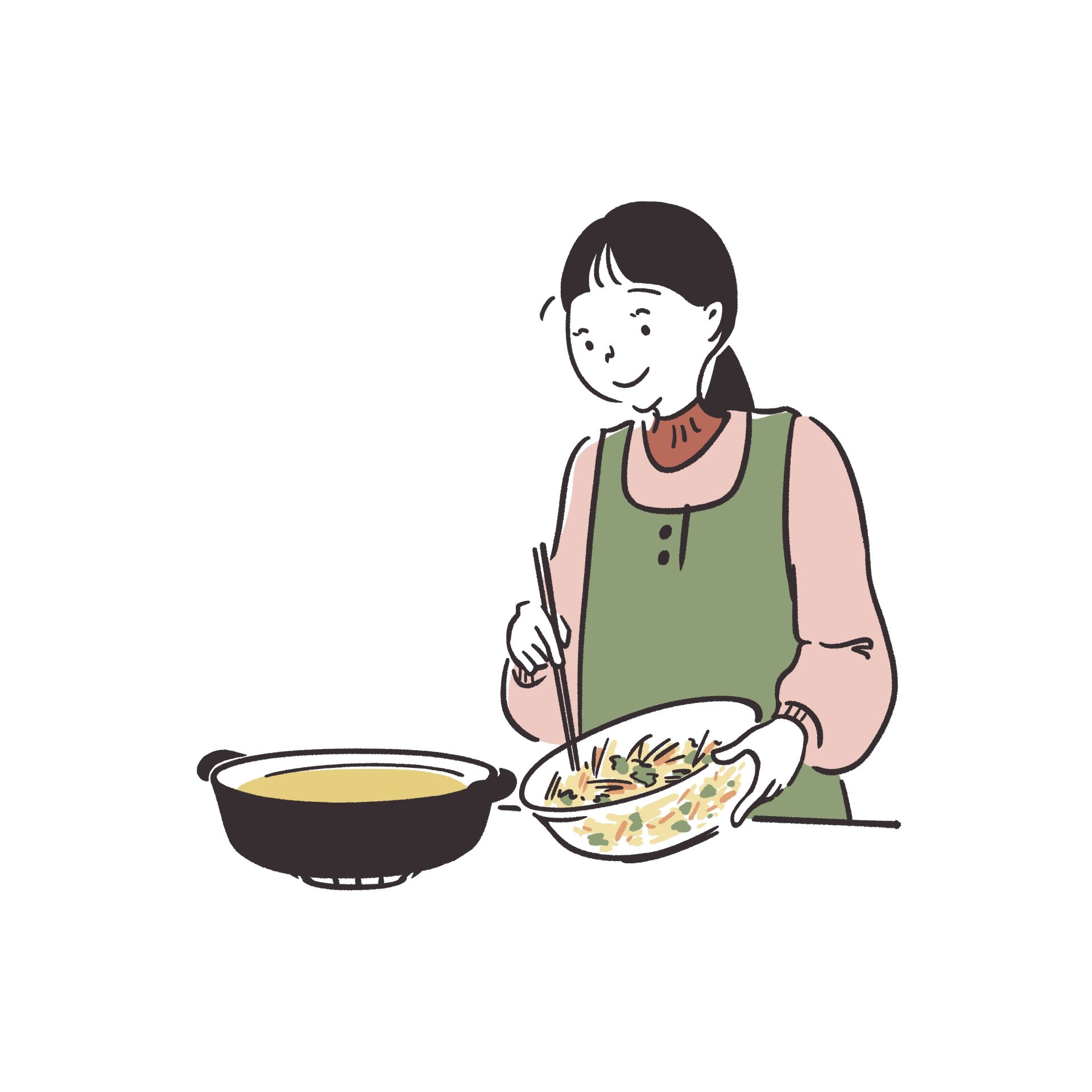 かき揚げをあげようとする女性のイラスト