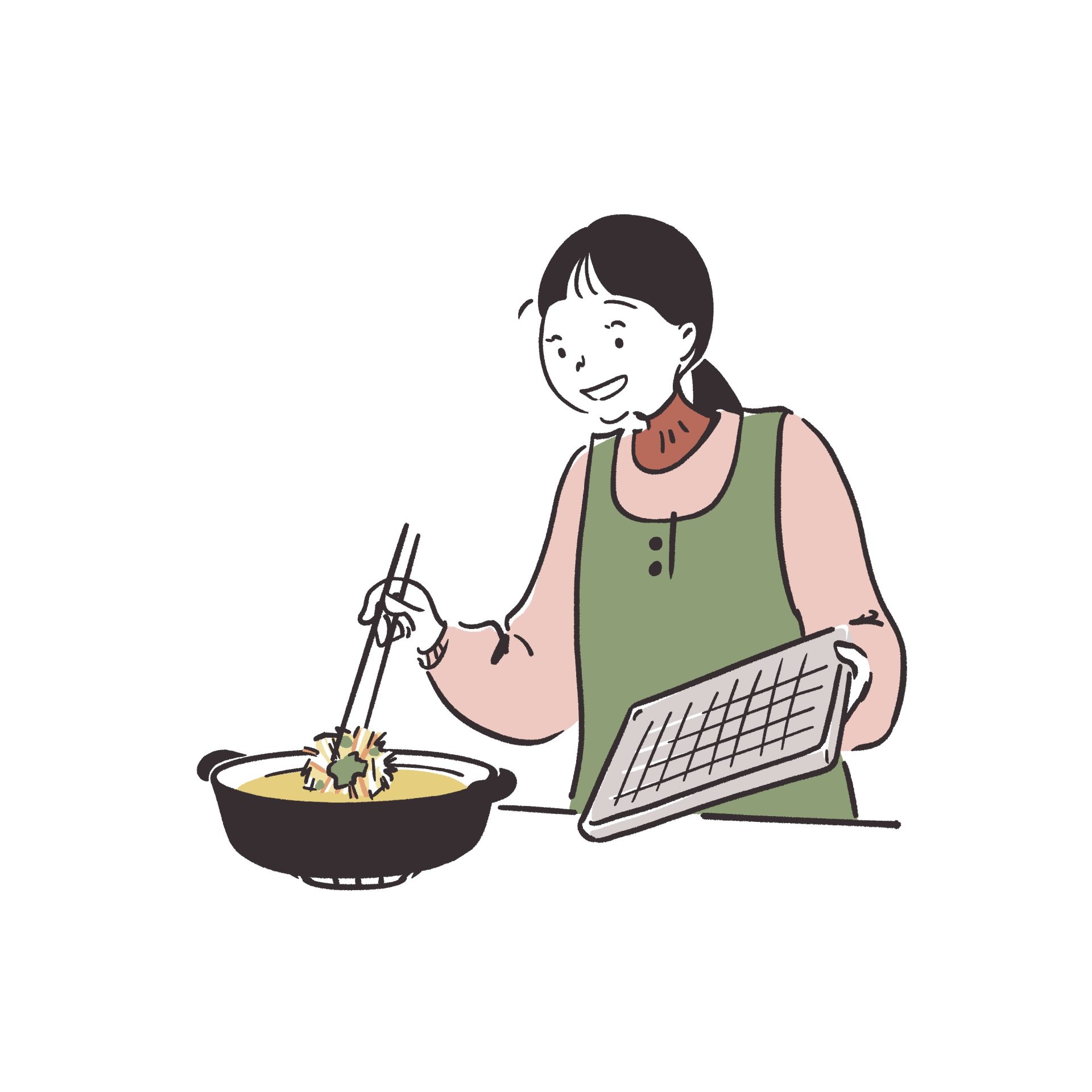かき揚げを揚げる女性のイラスト