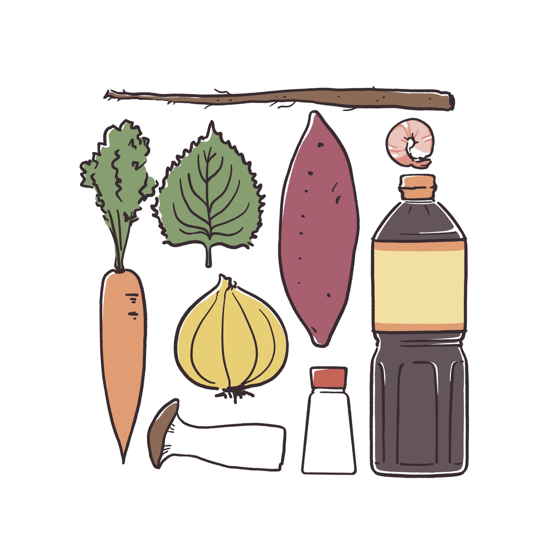 かき揚げに使う調味料と食材のイラスト