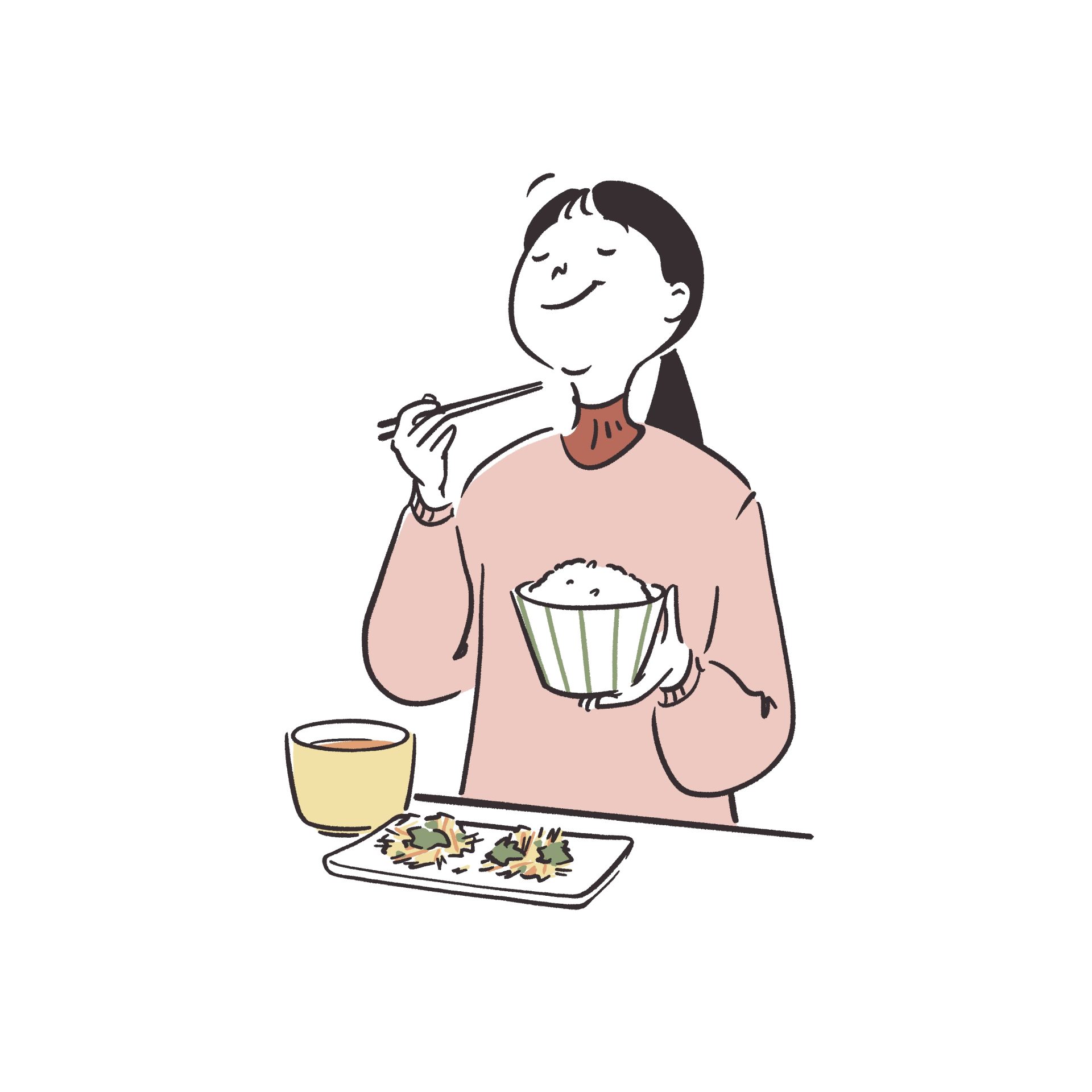 かき揚げを美味しそうに食べる女性のイラスト