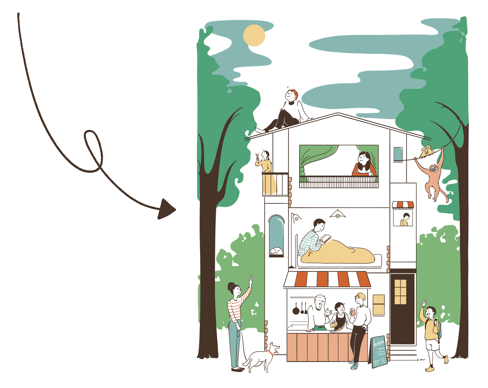 森の中の建物で思い思いに過ごす様子のイラスト