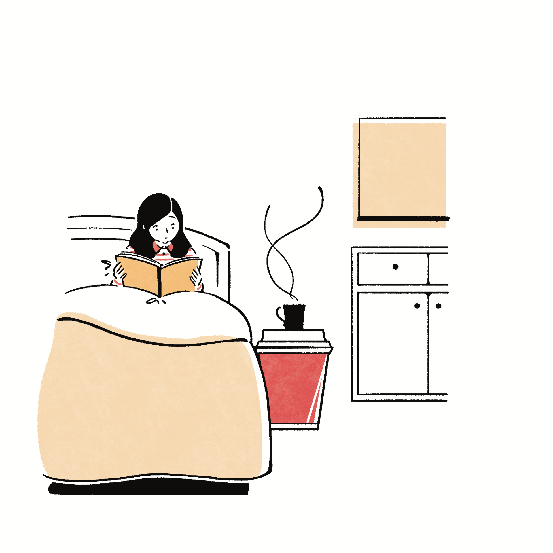 寝室でコーヒーを飲みながら本を読む女性のイラスト