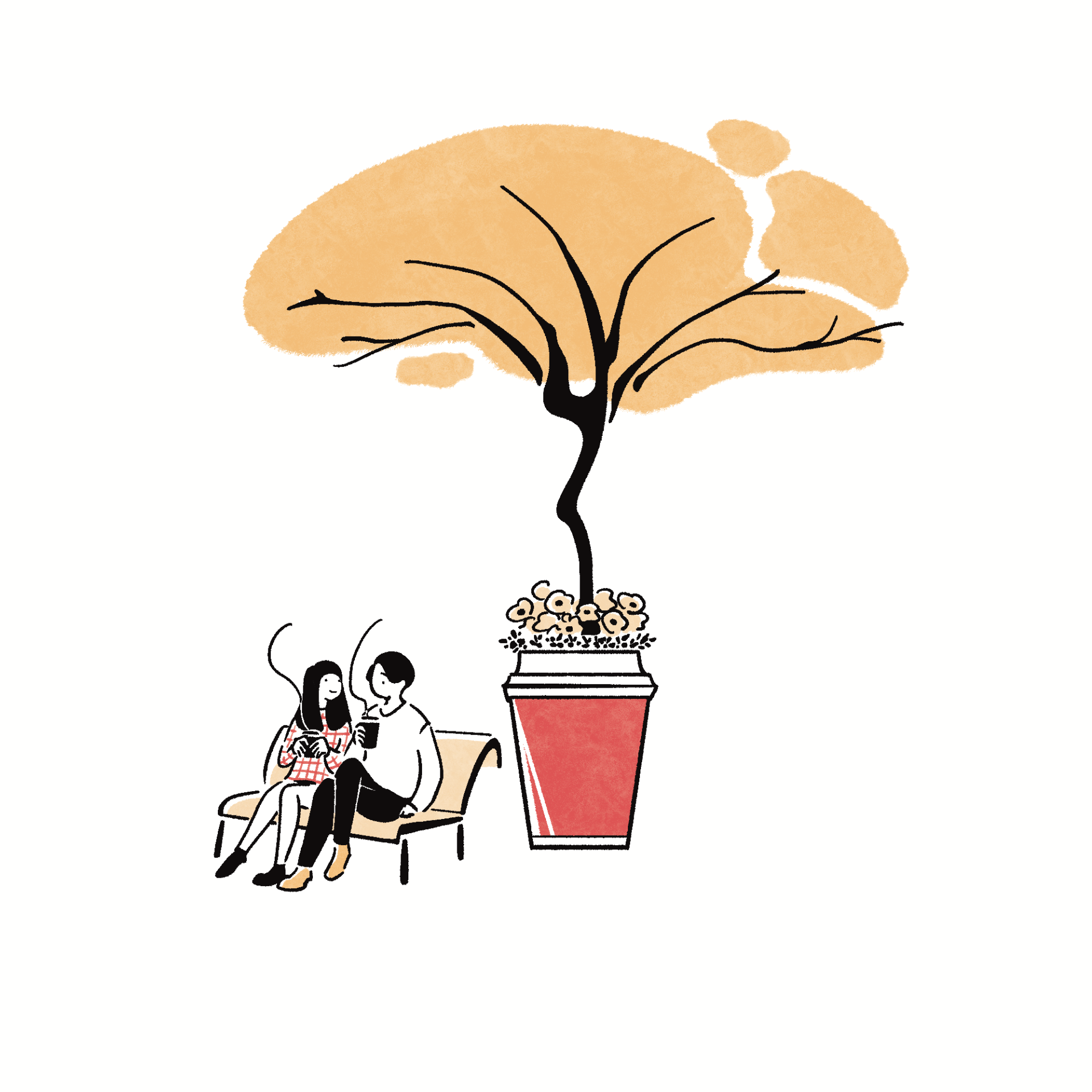 公園のベンチでコーヒーを飲むカップルのイラスト