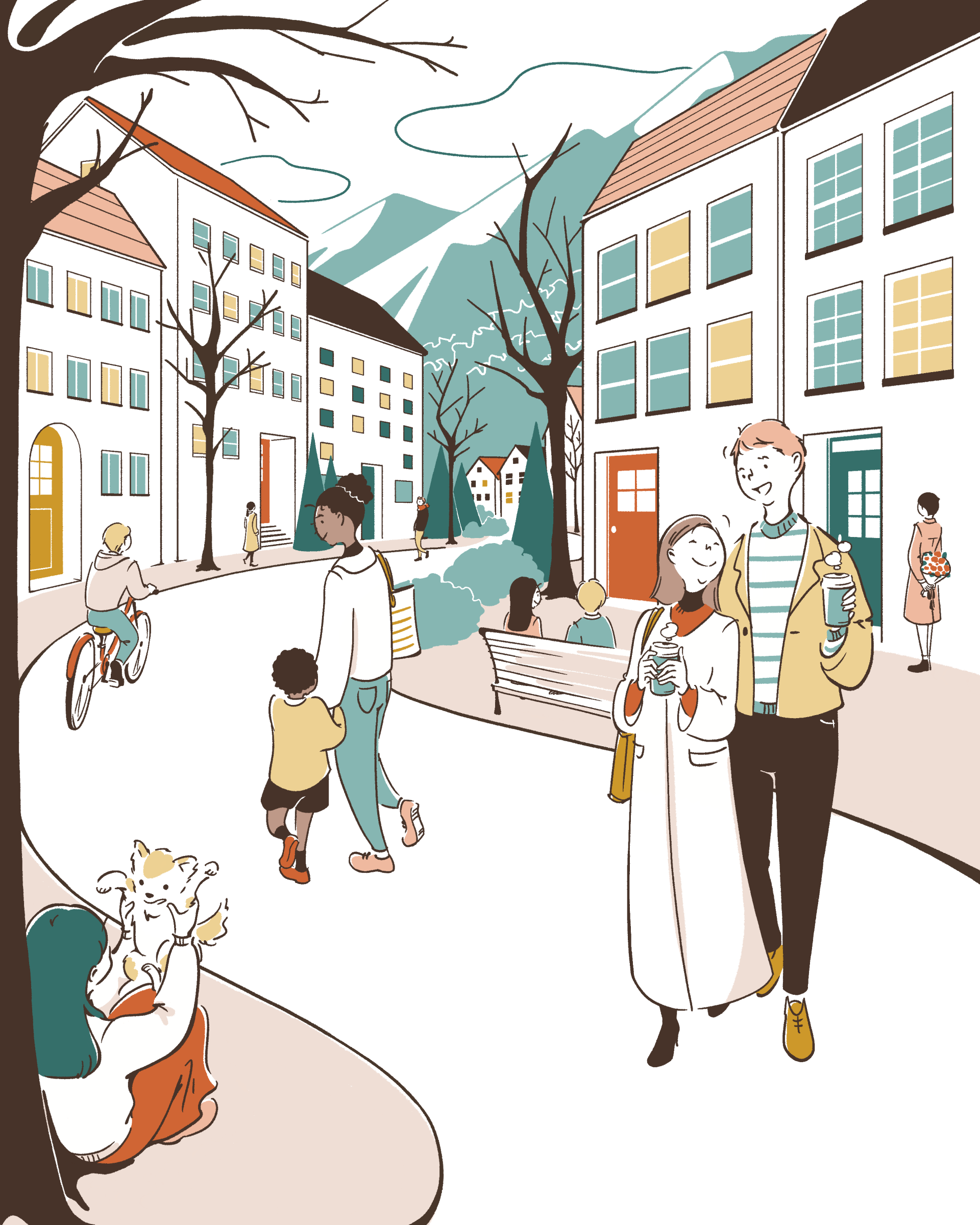 ヨーロッパのような街並みと人のイラスト