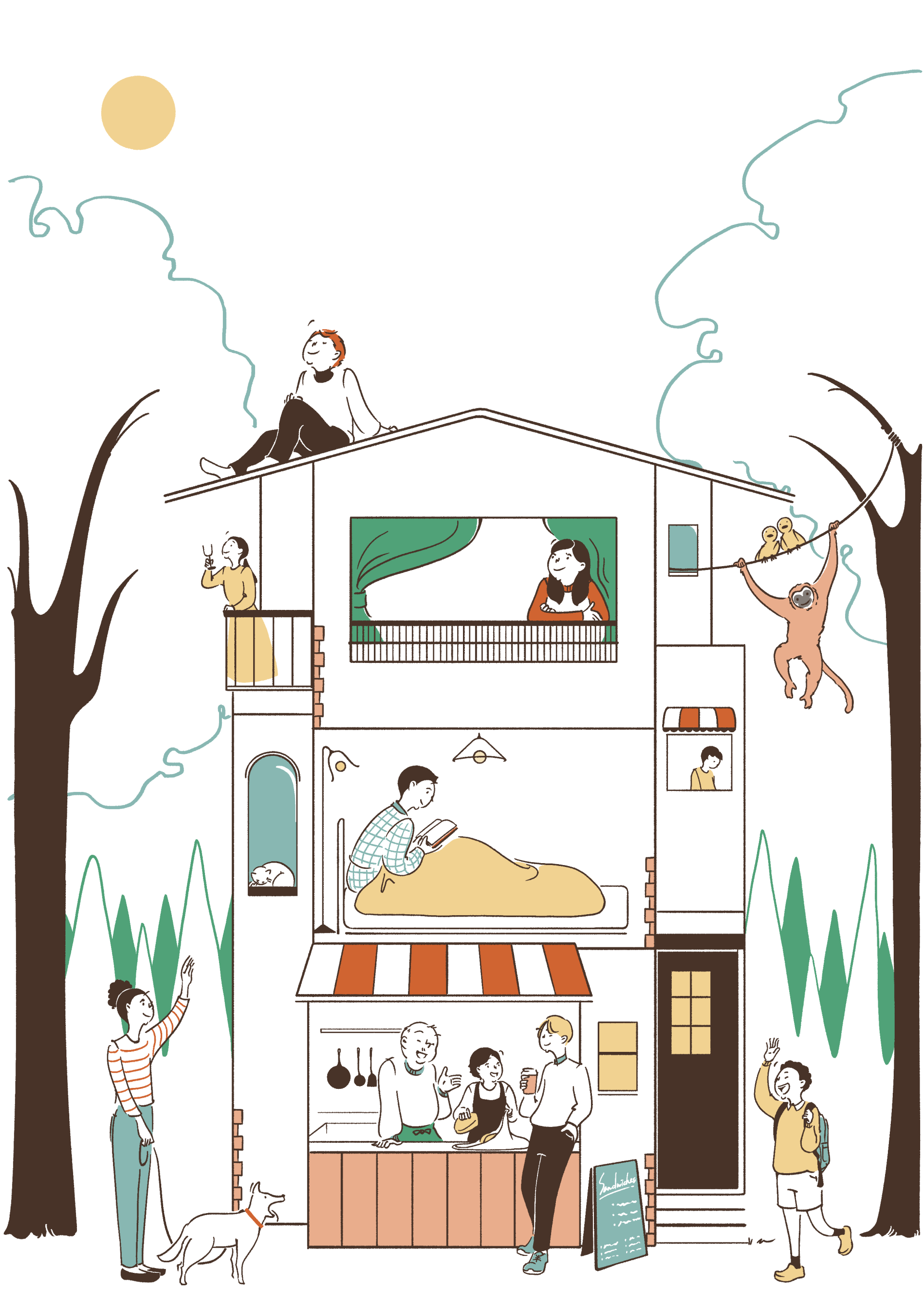 森の中の建物で思い思いに過ごす様子のイラスト