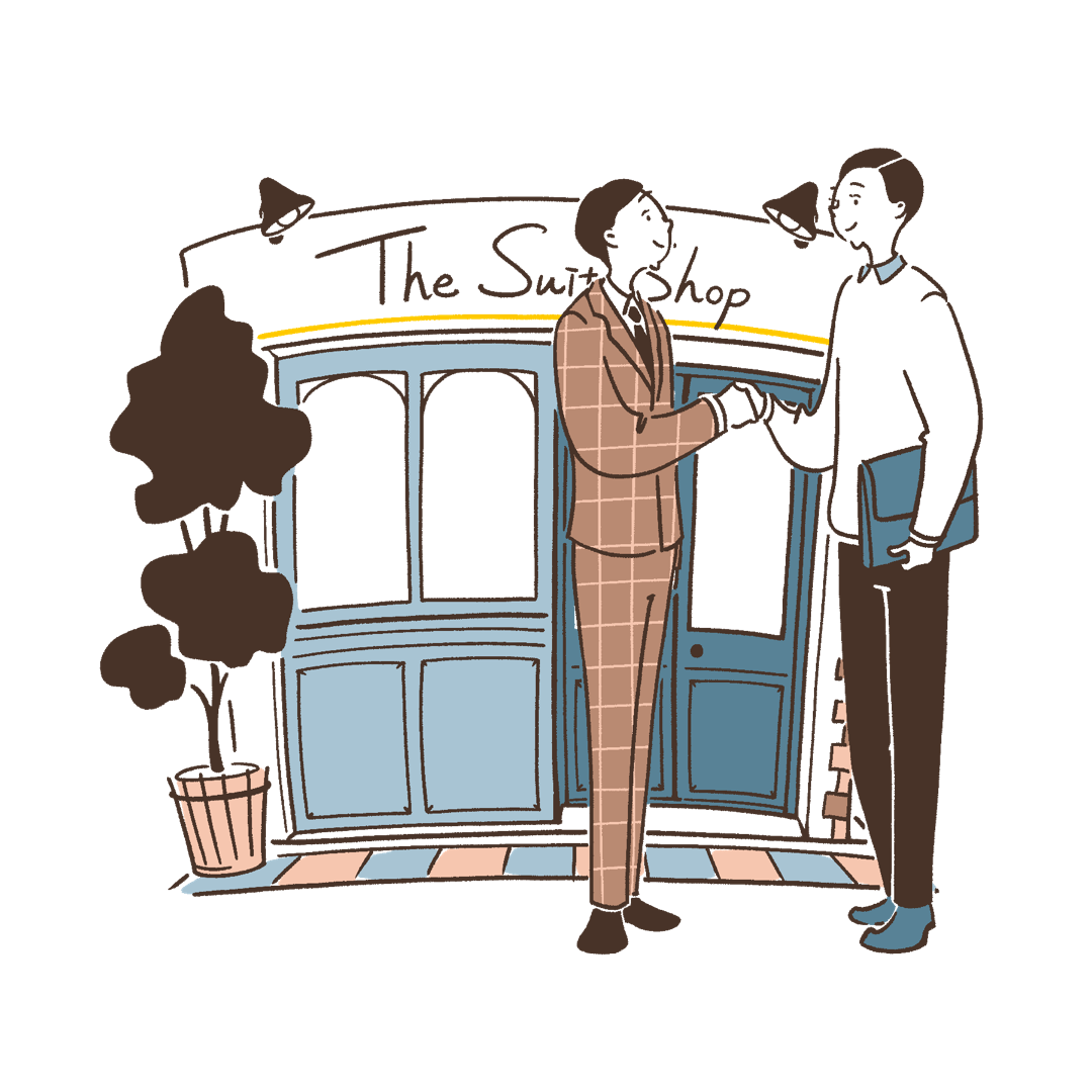 スーツショップと店員と客のイラスト