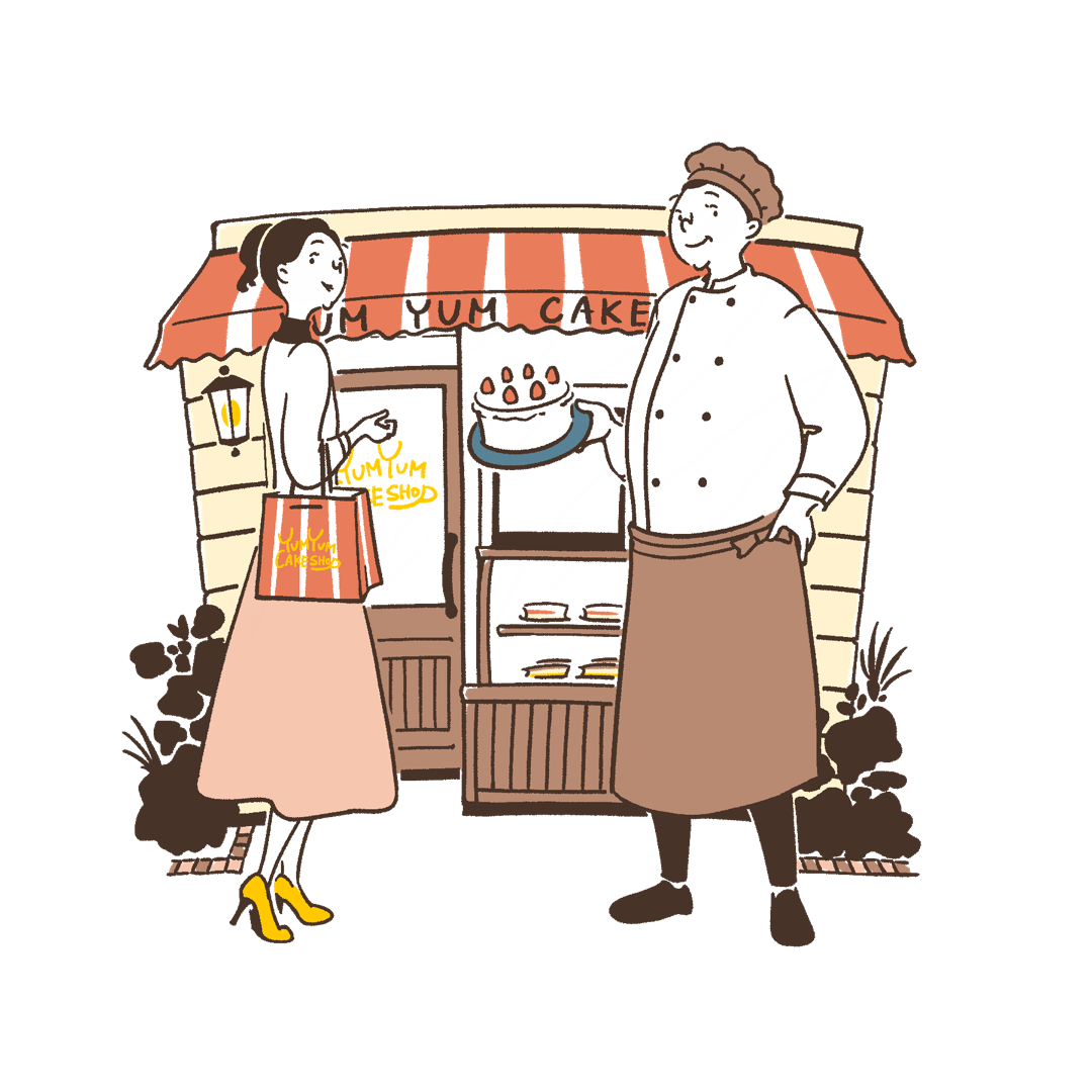 ケーキ屋とパティシエと客のイラスト