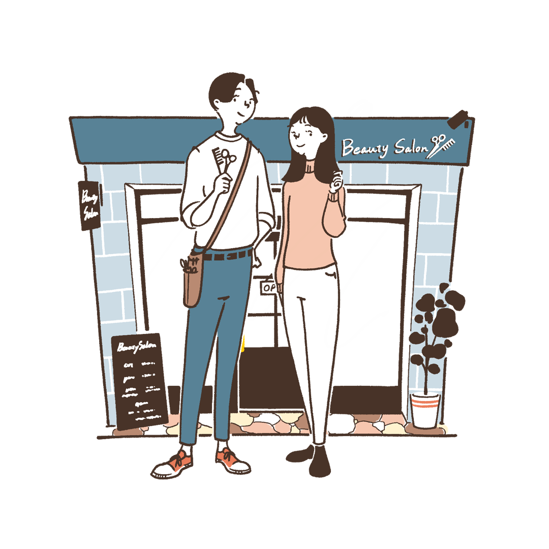 美容院と美容師と客のイラスト