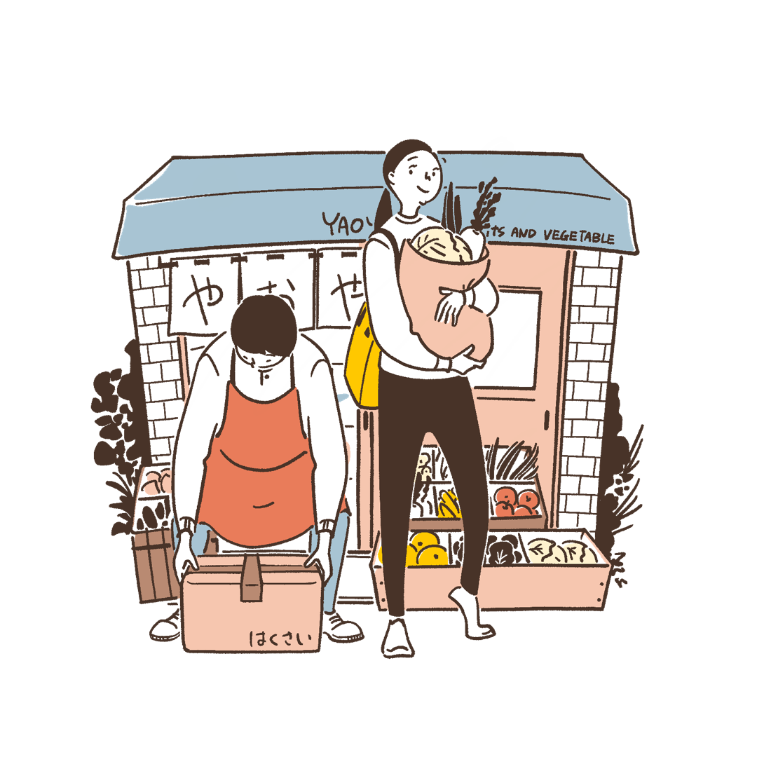 八百屋と店員と客のイラスト
