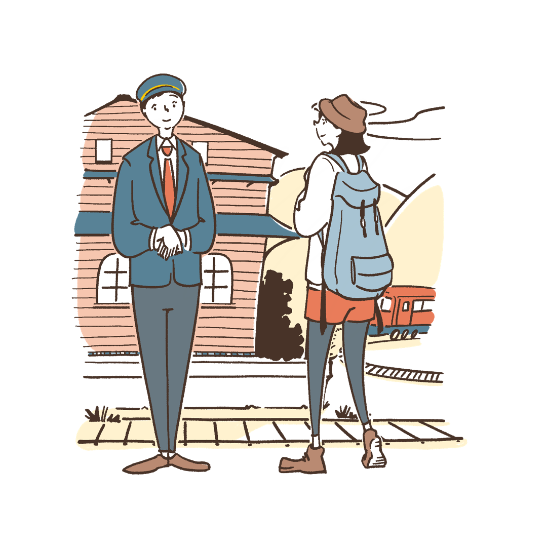 駅と駅員と客のイラスト