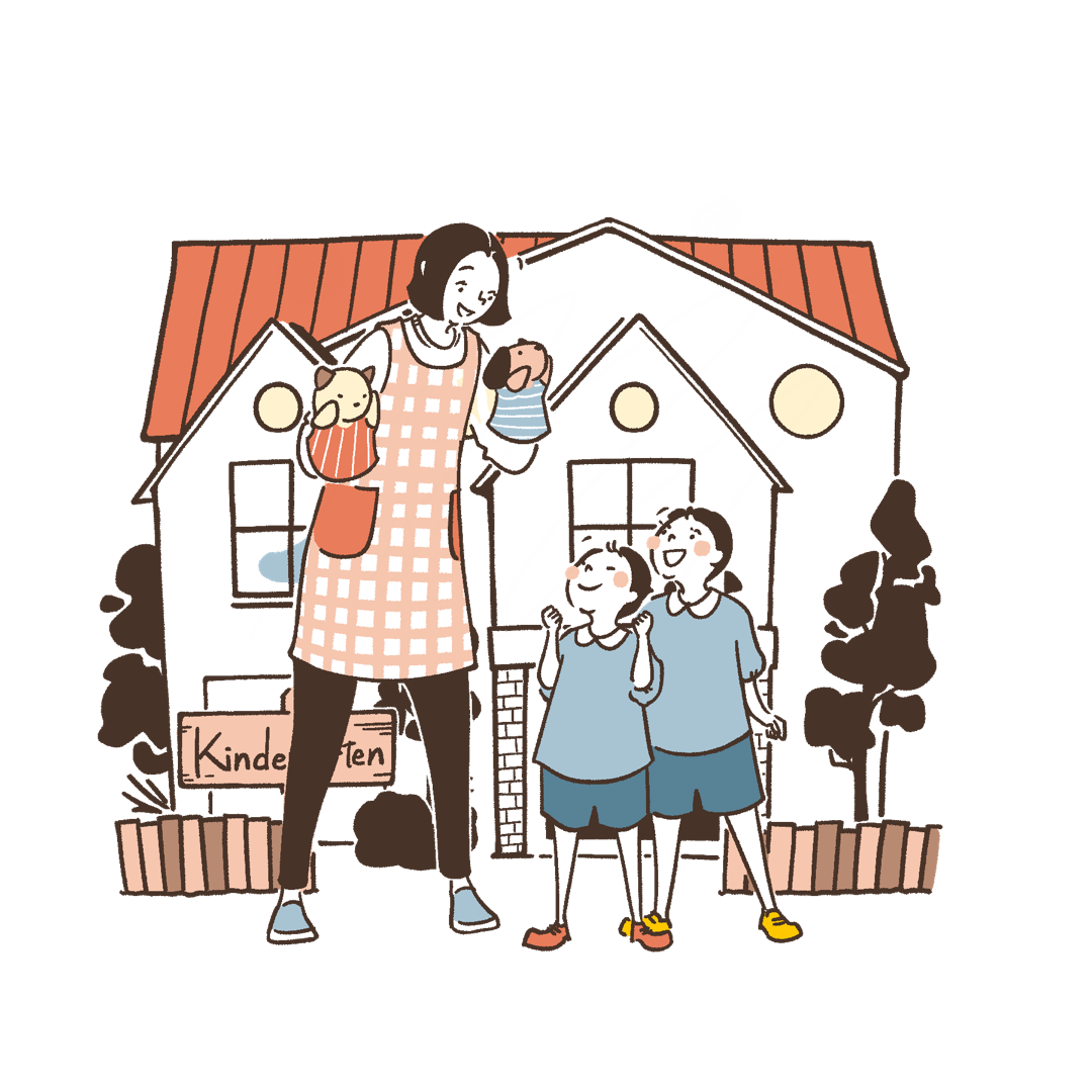 幼稚園と幼稚園教諭と幼児のイラスト