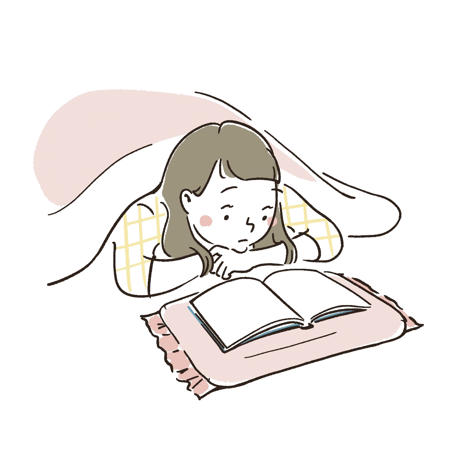 布団の中で本を眺める女の子のイラスト