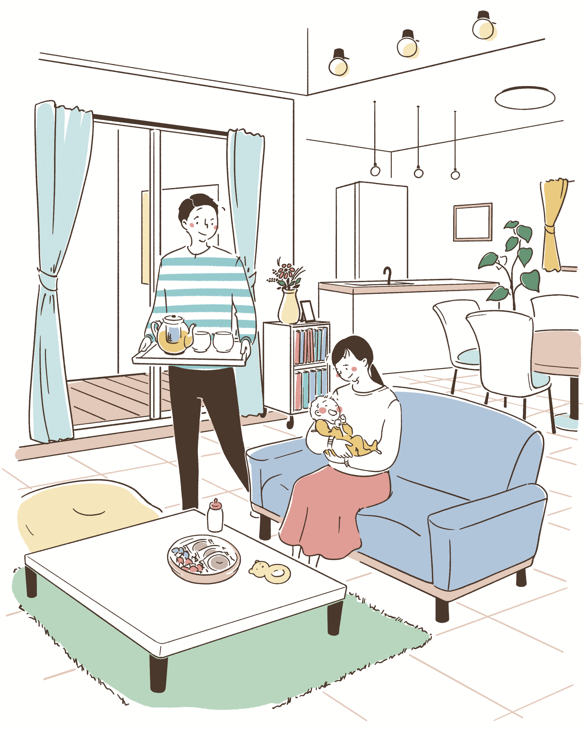 赤ちゃんのいる家族がリビングでくつろぐ様子のイラスト