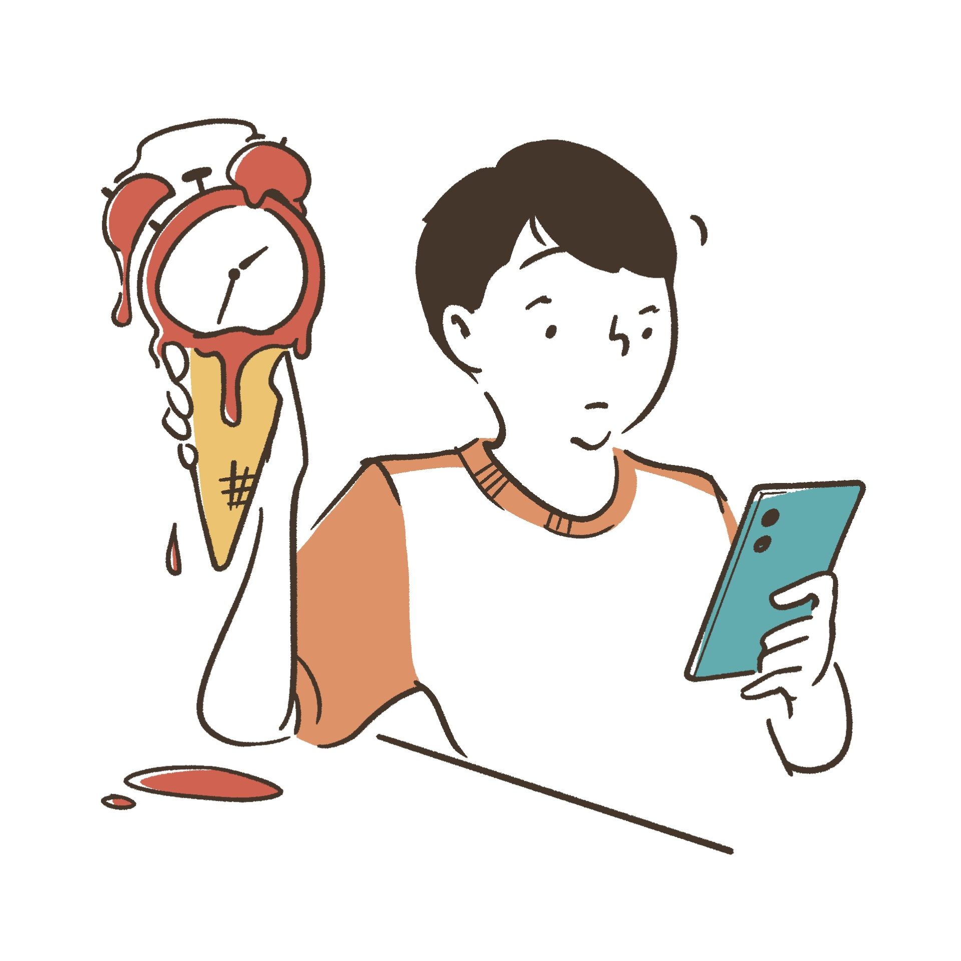 スマホに夢中で時間を溶かす様子のイラスト