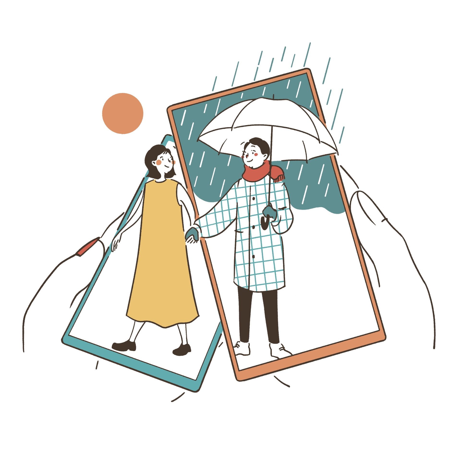 遠距離のカップルもスマホで繋がれることを表すイラスト