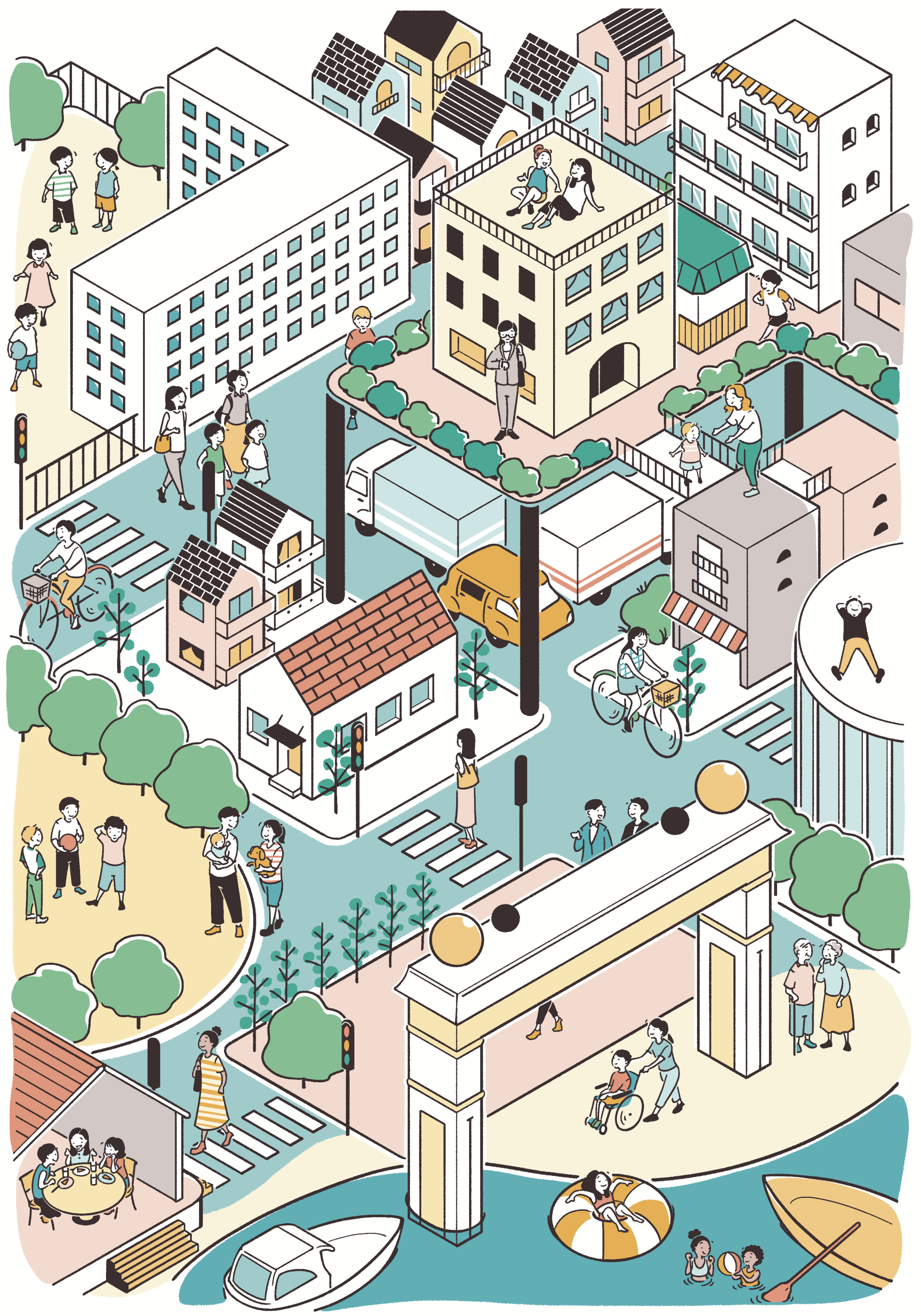 アイソメトリックな街のイラスト