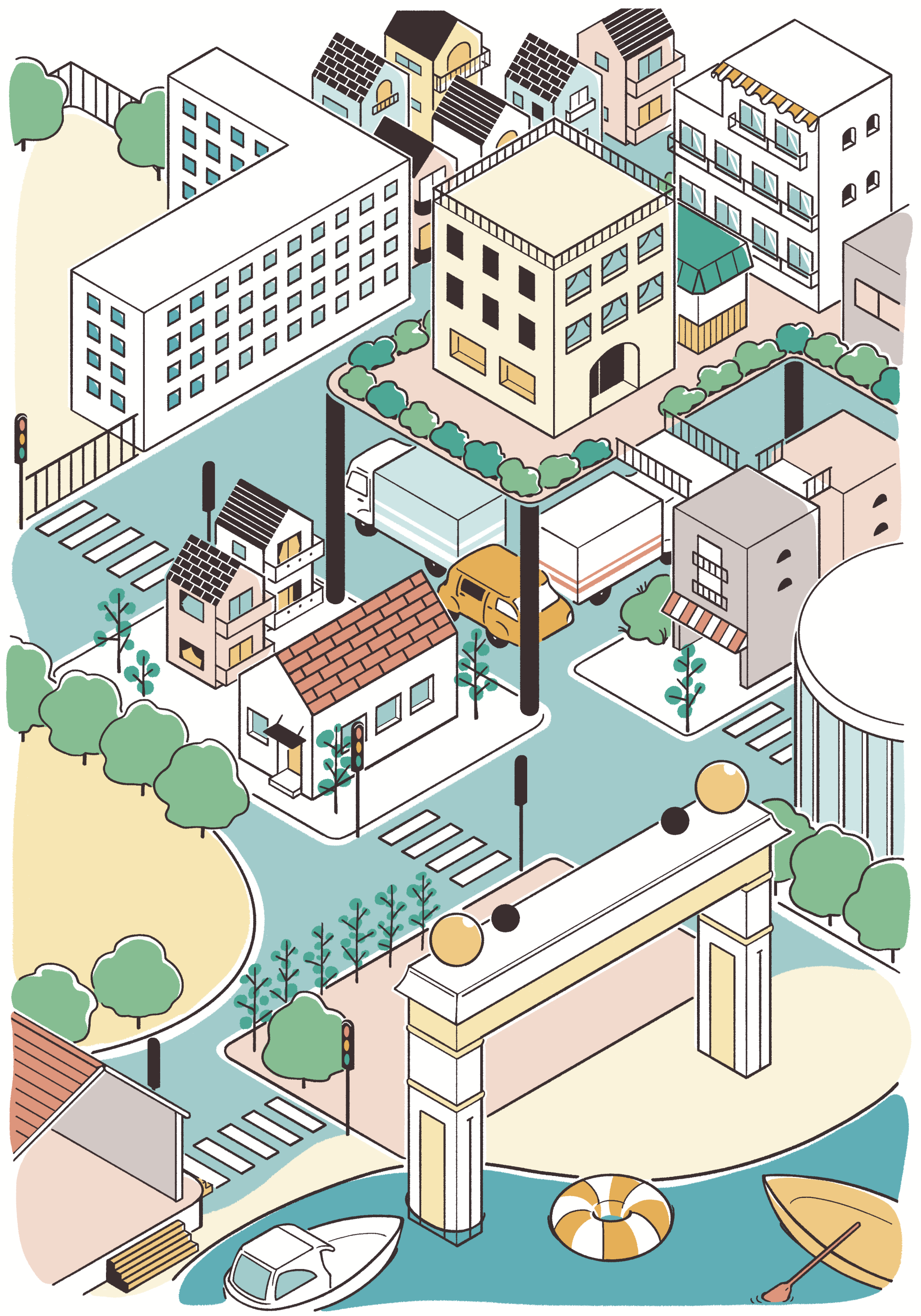 アイソメトリックな街のイラスト