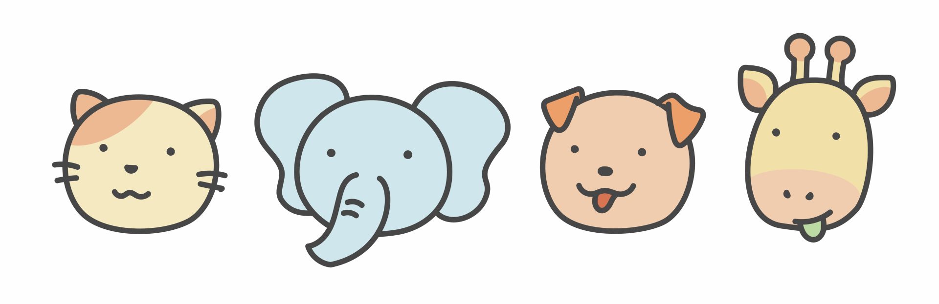ねこ、ゾウ、犬、キリンのシンプルで可愛いイラスト