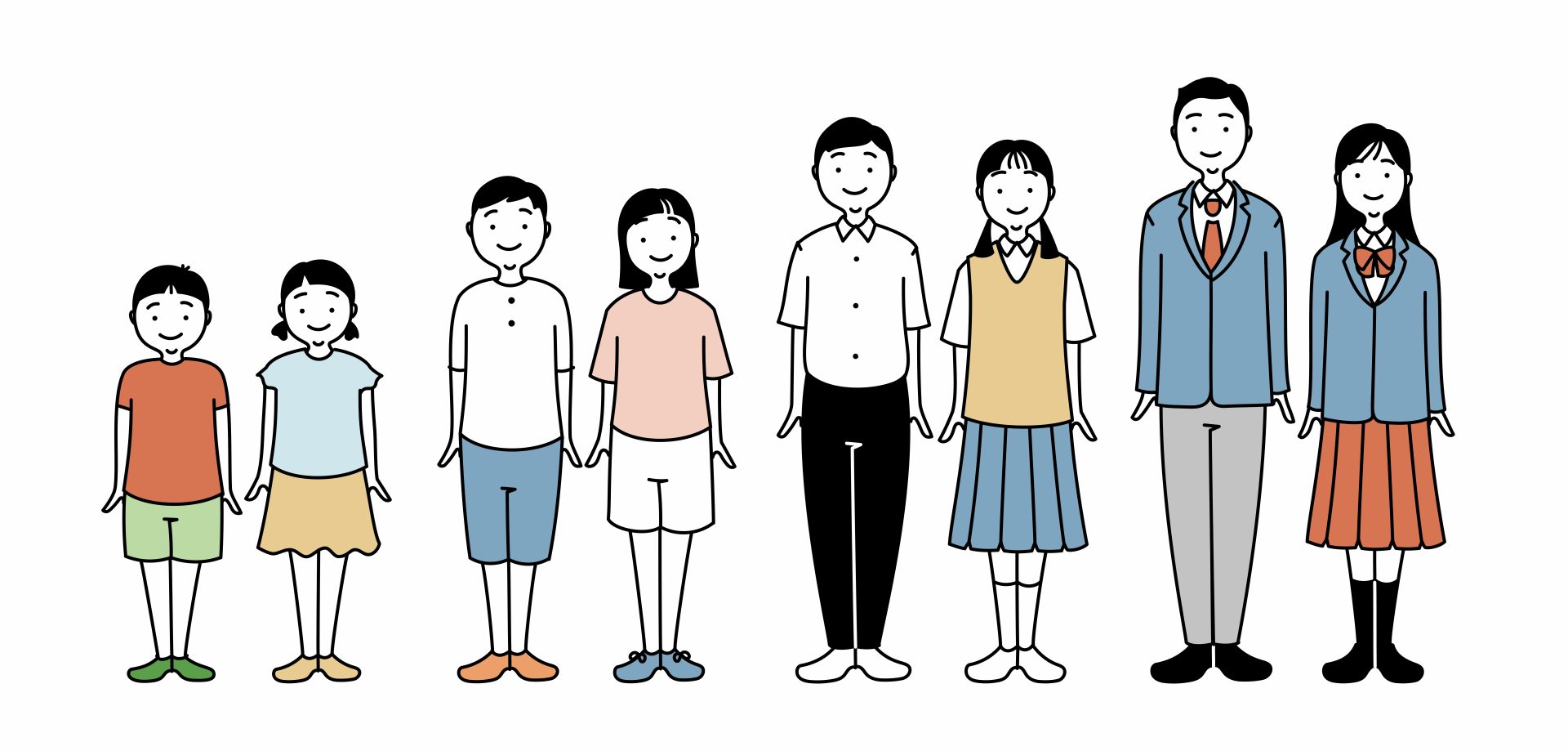 幼児から高校生までの子供の成長過程のシンプルイラスト