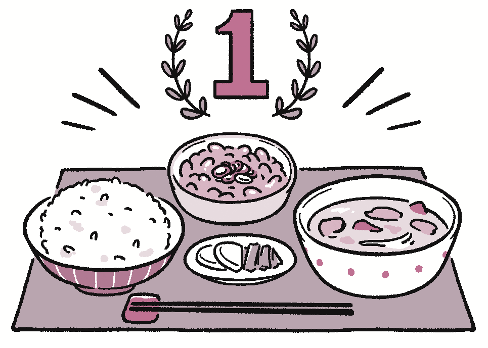 米、味噌汁、納豆、漬物が日本人の体には1番合うことを表すイラスト