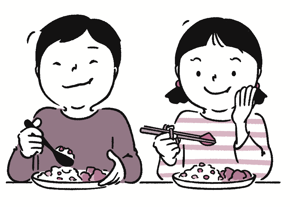 幼い男の子と女の子がが美味しそうにご飯を食べる様子のイラスト